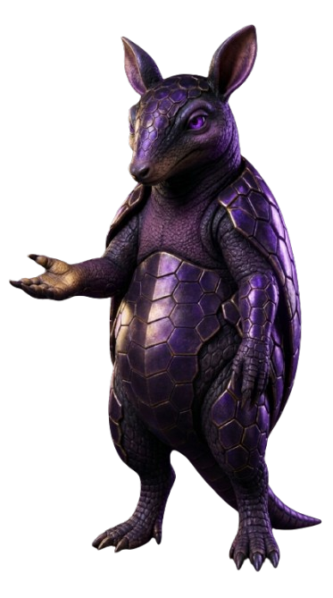Mascote 3D da TATU CO — tatu apresentador roxo com mão estendida